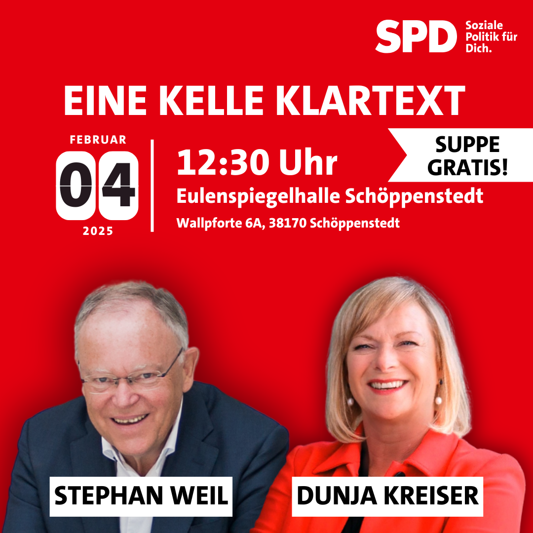 „Eine Kelle Klartext“ – Diskussionsveranstaltung mit Stephan Weil und SPD-Bundestagskandidatin Dunja Kreiser in Schöppenstedt